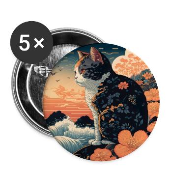Ukiyo Beach Landscape with Cat - Buttons large 2.2''/56 mm (5-pack) - white - Front