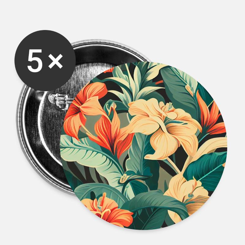 Feuilles tropicales Fleurs Florales - Lot de 5 grands badges (56 mm) - blanc