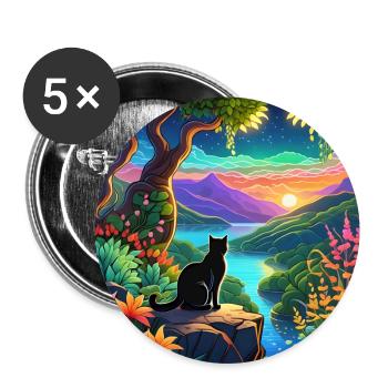 Katze in einer verspielt bunten Landschaft - Buttons groß 56 mm (5er Pack) - Weiß - Vorne