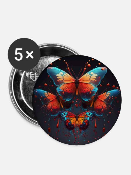 Bunte Schmetterlinge - Buttons groß 56 mm (5er Pack) - Weiß