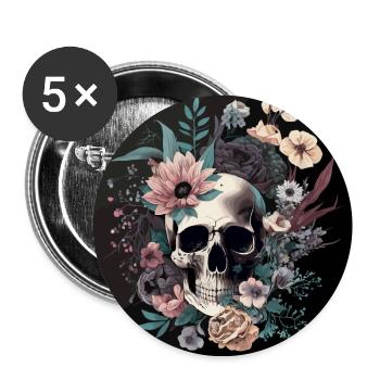 Human Skull & Flowers 35 - Buttons large 2.2''/56 mm (5-pack) - white - Front