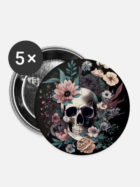 Human Skull & Flowers 35 - Buttons large 2.2''/56 mm (5-pack) - white
