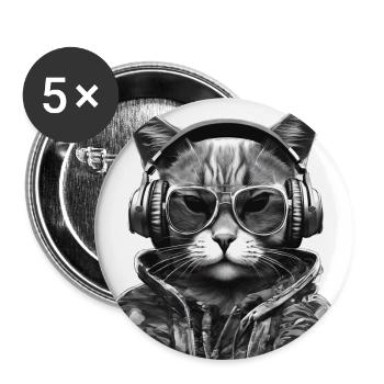 Chat cool avec des écouteurs et des lunettes de soleil - Lot de 5 grands badges (56 mm) - blanc - Devant