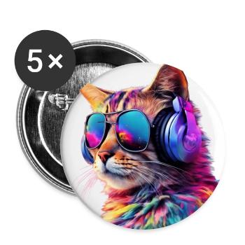 Chat avec écouteurs et lunettes de soleil - Lot de 5 grands badges (56 mm) - blanc - Devant