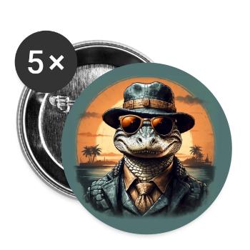 Schicker Alligator mit Sonnenbrille und Anzug - Buttons groß 56 mm (5er Pack) - Weiß - Vorne