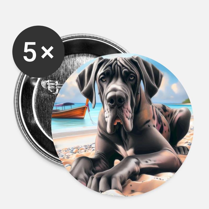 Deutsche Dogge am Strand - Buttons groß 56 mm (5er Pack) - Weiß