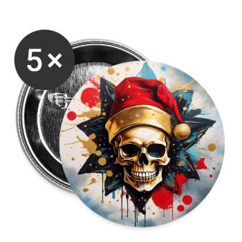 Frohe Weihnacht mit Skull mit Nikolausmütze - Buttons groß 56 mm (5er Pack) - Weiß - Vorne