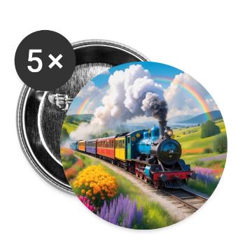Train coloré avec locomotive à vapeur fumante - Lot de 5 grands badges (56 mm) - blanc - Devant