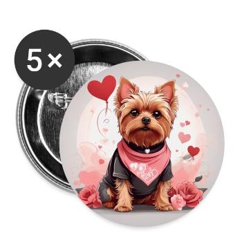 Süßer Yorkshire Terrier Yorkie mit rotem Herz - Buttons groß 56 mm (5er Pack) - Weiß - Vorne