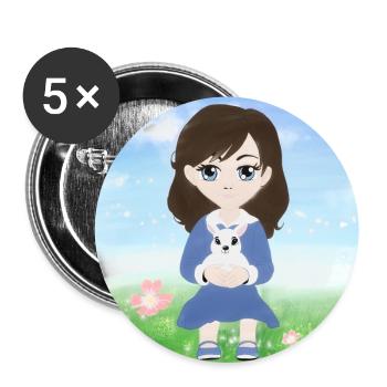 Petite fille brune avec son lapin - Lot de 5 grands badges (56 mm) - blanc - Devant