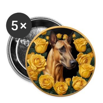 Dogue Français imposant parmi des roses jaunes - Lot de 5 grands badges (56 mm) - blanc - Devant