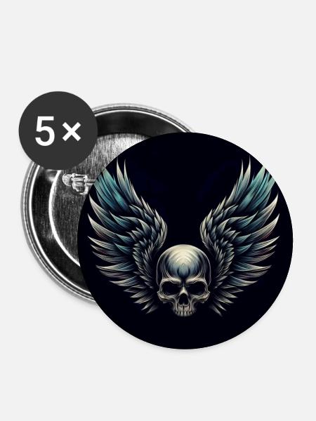 Skull with wings (black) - Buttons large 2.2''/56 mm (5-pack) - white