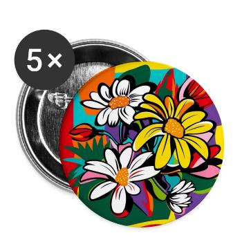 Pop Art Stil / farbenfrohes Blumen-Motiv - Buttons groß 56 mm (5er Pack) - Weiß - Vorne