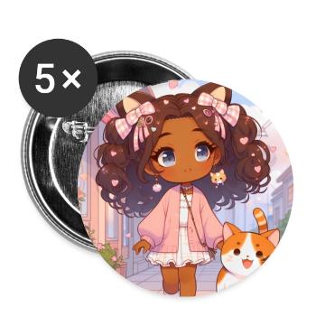 Japanese anime girl walks with her cat - Buttons large 2.2''/56 mm (5-pack) - white - Front