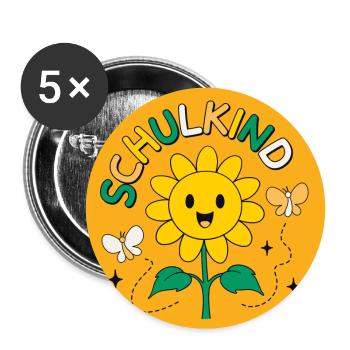Schulkind Sonnenblume Schule Einschulung - Buttons groß 56 mm (5er Pack) - Weiß - Vorne