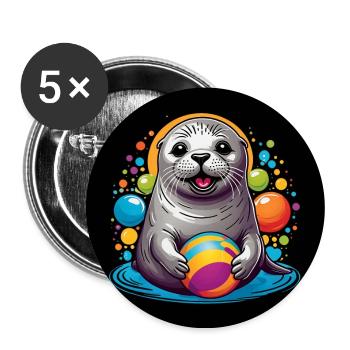 Lachender Seehund Robbe mit bunten Bällen - Buttons groß 56 mm (5er Pack) - Weiß - Vorne