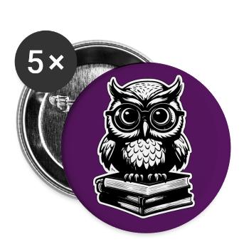 Eule mit Brille auf Büchern lustiges Eulendesign - Buttons groß 56 mm (5er Pack) - Weiß - Vorne