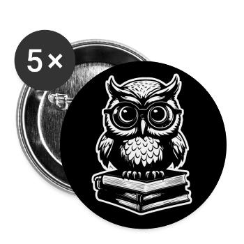Eule mit Brille auf Büchern lustiges Eulendesign - Buttons groß 56 mm (5er Pack) - Weiß - Vorne