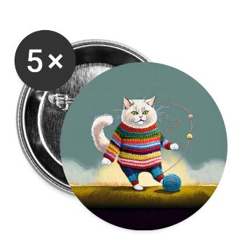 Katze im Strick Schick - Buttons groß 56 mm (5er Pack) - Weiß - Vorne