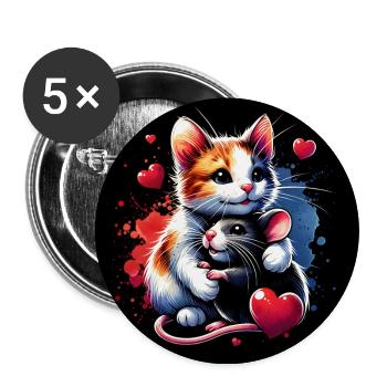Katze und Maus in Freundschaft Frieden und Liebe - Buttons groß 56 mm (5er Pack) - Weiß - Vorne