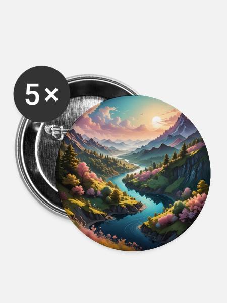 Tal mit Fluß - Buttons groß 56 mm (5er Pack) - Weiß