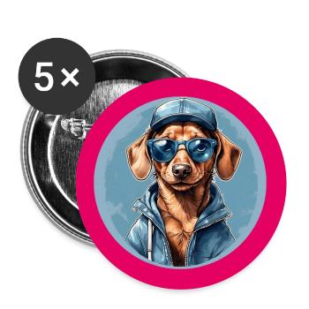 Dackel Dachshund mit Sonnenbrille und Hoodie - Buttons groß 56 mm (5er Pack) - Weiß - Vorne