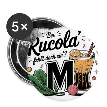"Rucola vs. Rumcola" - Humor zum Anziehen - Buttons groß 56 mm (5er Pack) - Weiß - Vorne