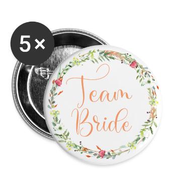 Équipe Bride! Couronne de fleurs des champs, personnalisable - Lot de 5 grands badges (56 mm) - blanc - Devant
