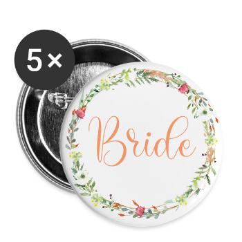 Équipe Bride! Couronne de fleurs des champs, personnalisable - Lot de 5 grands badges (56 mm) - blanc - Devant