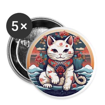 weiße Katze Glückskatze Maneki-neko Manekineko - Buttons groß 56 mm (5er Pack) - Weiß - Vorne