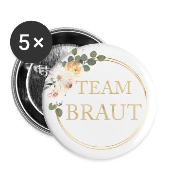 TEAM BRAUT! Blumen personalisierbar - Buttons groß 56 mm (5er Pack) - Weiß - Vorne