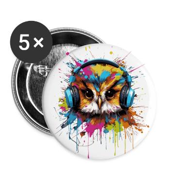 Lustige Eule hört Musik über Kopfhörer - Buttons groß 56 mm (5er Pack) - Weiß - Vorne