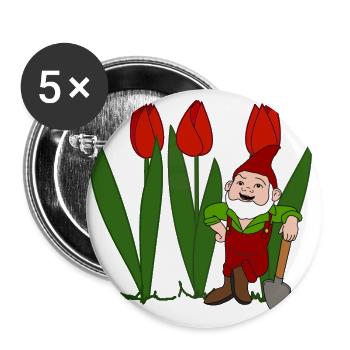 Garden gnome, tulips, spring, garden - Buttons large 2.2''/56 mm (5-pack) - white - Front