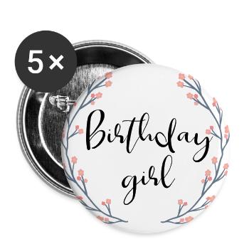 Birthday Girl - Couronne de fleurs - Anniversaire - Lot de 5 grands badges (56 mm) - blanc - Devant