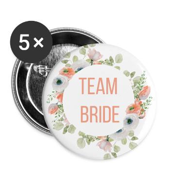 Équipe Bride! Couronne de fleurs, personnalisable - Lot de 5 grands badges (56 mm) - blanc - Devant