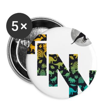 FINN - Schöner Jungen Name mit Dinosaurier - Buttons groß 56 mm (5er Pack) - Weiß - Vorne
