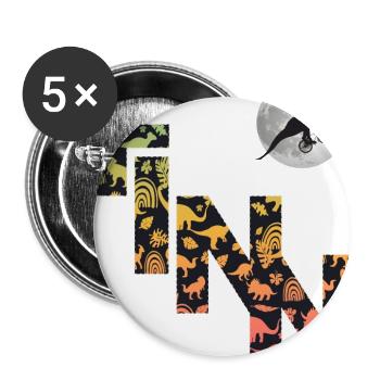 FINN - Schöner Jungen Name mit Dinosaurier - Buttons groß 56 mm (5er Pack) - Weiß - Vorne