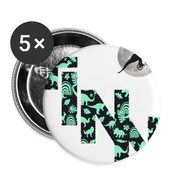 FINN - Schöner Jungen Name mit Dinosaurier - Buttons groß 56 mm (5er Pack) - Weiß - Vorne