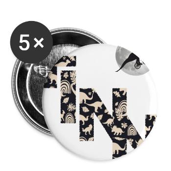 FINN - Schöner Jungen Name mit Dinosaurier - Buttons groß 56 mm (5er Pack) - Weiß - Vorne