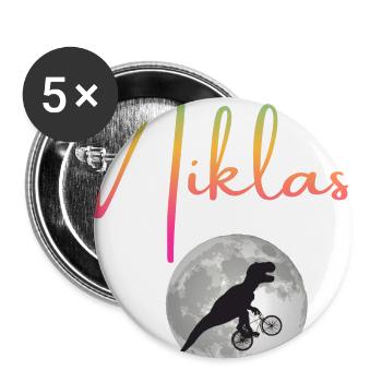 NIKLAS - Schöner Jungen Name mit Dinosaurier - Buttons groß 56 mm (5er Pack) - Weiß - Vorne