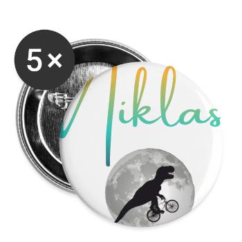 NIKLAS - Schöner Jungen Name mit Dinosaurier - Buttons groß 56 mm (5er Pack) - Weiß - Vorne