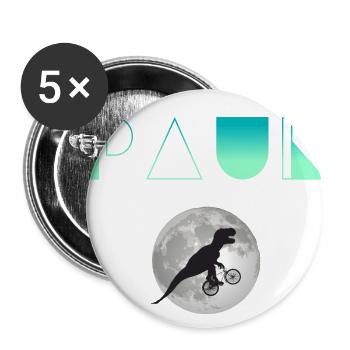 PAUL - Schöner Jungen Name mit Dinosaurier - Buttons groß 56 mm (5er Pack) - Weiß - Vorne