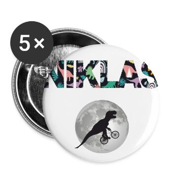 NIKLAS - Schöner Jungen Name mit Dinosaurier - Buttons groß 56 mm (5er Pack) - Weiß - Vorne
