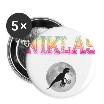 NIKLAS - Schöner Jungen Name mit Dinosaurier - Buttons groß 56 mm (5er Pack) - Weiß - Vorne