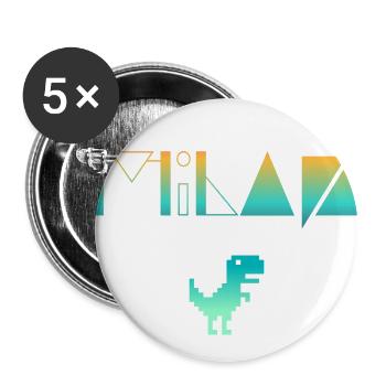 MILAN - Schöner Jungen Name mit Dinosaurier - Buttons groß 56 mm (5er Pack) - Weiß - Vorne