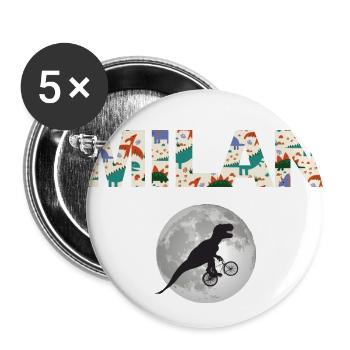 MILAN - Schöner Jungen Name mit Dinosaurier - Buttons groß 56 mm (5er Pack) - Weiß - Vorne