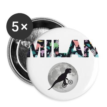 MILAN - Schöner Jungen Name mit Dinosaurier - Buttons groß 56 mm (5er Pack) - Weiß - Vorne
