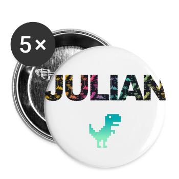 JULIAN - Schöner Jungen Name mit Dinosaurier - Buttons groß 56 mm (5er Pack) - Weiß - Vorne