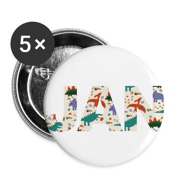 JAN - Schöner Jungen Name mit Dinosaurier - Buttons groß 56 mm (5er Pack) - Weiß - Vorne