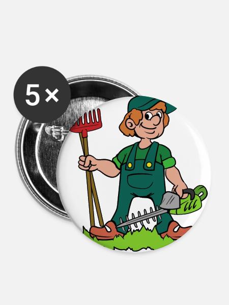 Gärtner mit Heckenschere - Buttons groß 56 mm (5er Pack) - Weiß